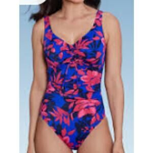 Aqua Green Blue Tropical Floral Print One Piece Swimsuit sz M NEW
